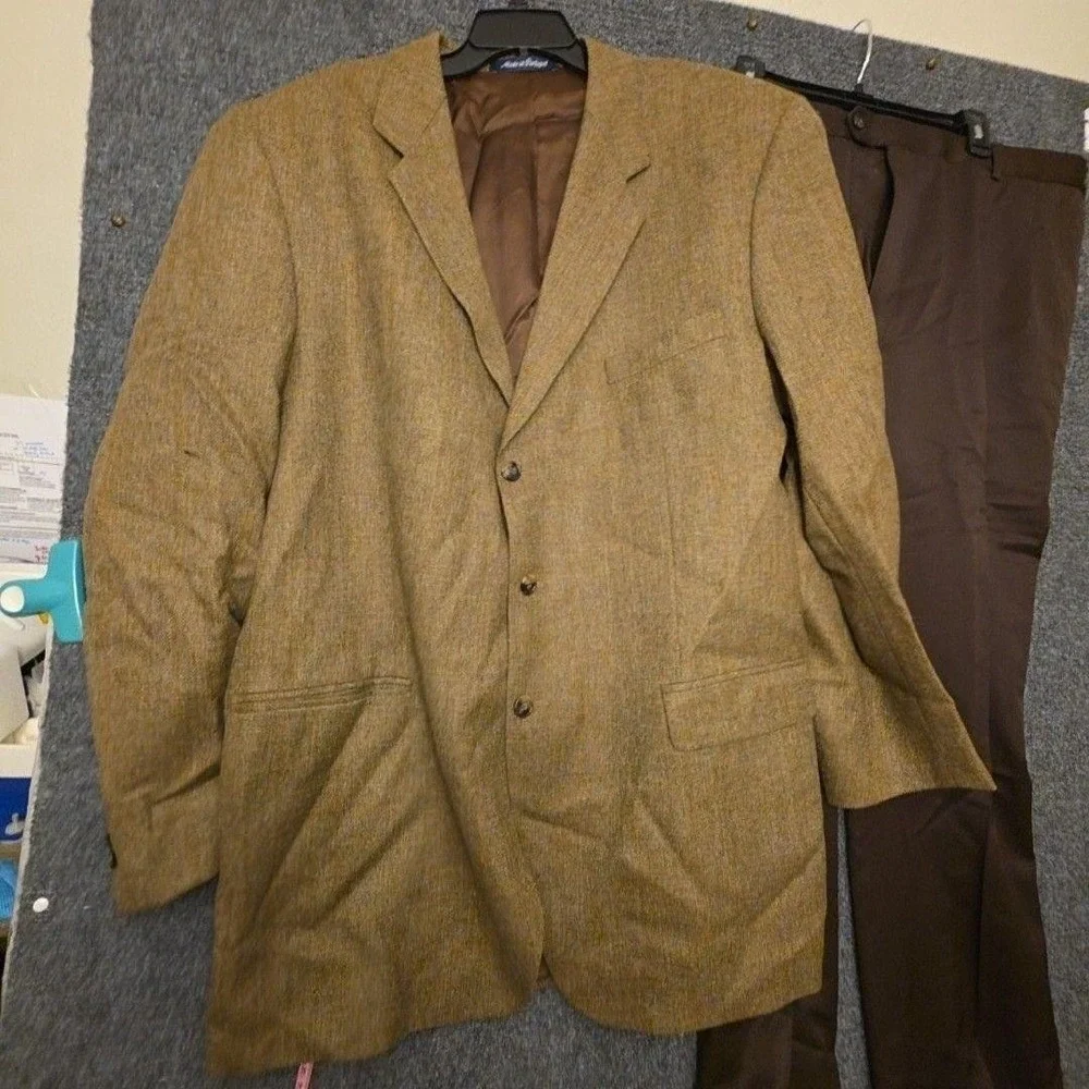 Paul Fredrick Suit Mens 48XL 44x34 Brown Wool Herringbone 2 Piece Big Tall